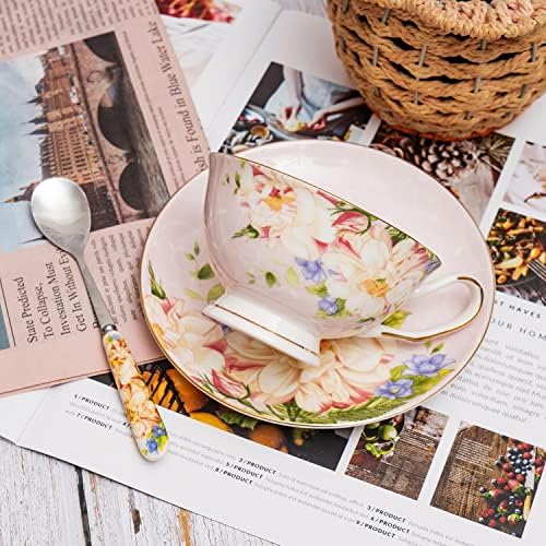 Glen Mila porcelán teáscsésze, valamint Csészealj Szett Virágos Tea Csésze Finom Kínai Tea Csésze Tea Party, 8 Unciás