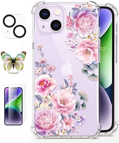 ROSEPARROT [4-in-1] iPhone 14 Esetben Edzett Üveg kijelző Védő fólia + Kamera Lencséjét Védő, Tiszta, Virágos Minta