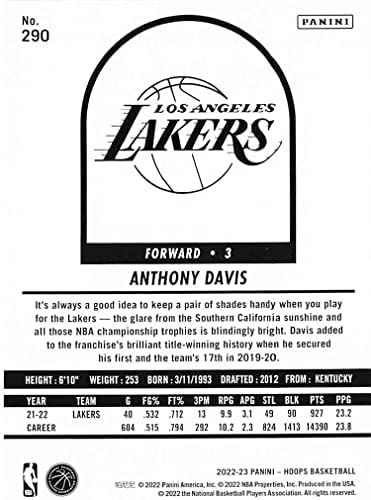 Anthony Davis 2022 2023 Panini Karika Megemlékezés Sorozat Menta Kártya 290 épp rá az Arany Lakers Jersey