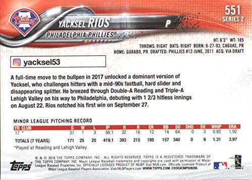 2018 Topps Sorozat 2551 Yacksel Rios Philadelphia Phillies Újonc Baseball Kártya - GOTBASEBALLCARDS