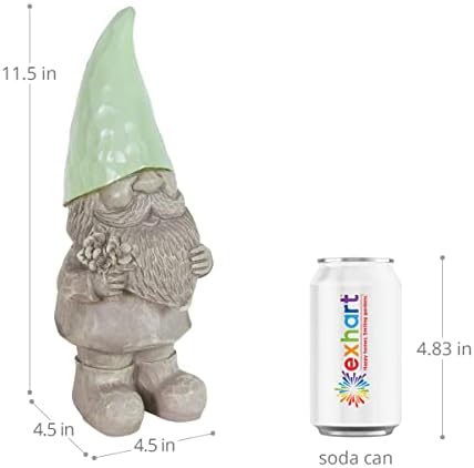 Exhart Napenergia-Gnome-Szobrot, Zöld LED Kalap, Tartós Műgyanta - Kő Befejezni, Aranyos Kert, Dekoráció, 4.5x11.5