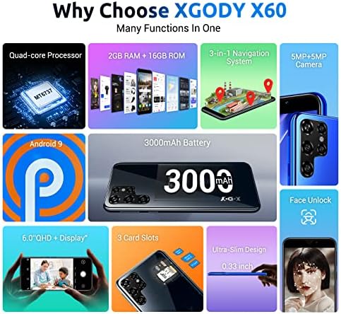 Xgody X60 4G Kártyafüggetlen Telefonok, 6.5 QHD Vízcseppet Képernyő Dual Sim Kártyafüggetlen Mobiltelefonok, Quad-core